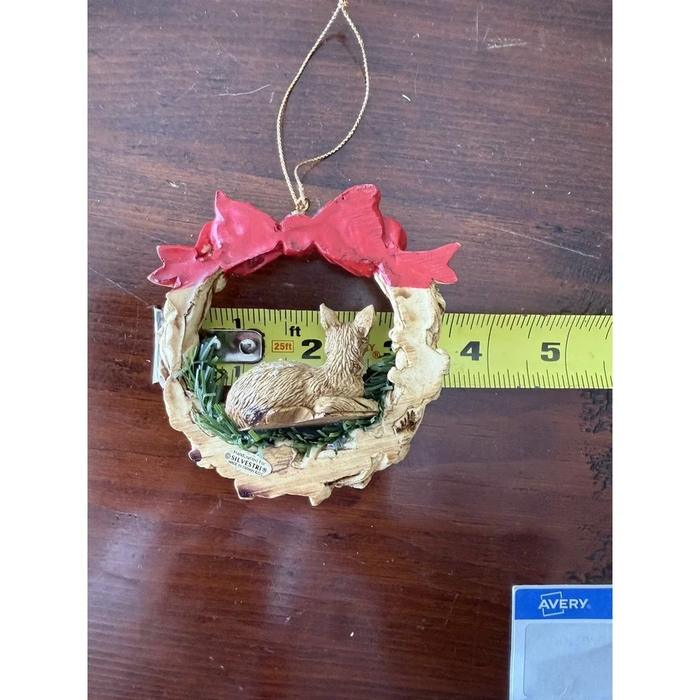 Silvestri Deer Fawn Wreath Ornament Christmas Tree Holiday Red Bow Resin Vintage